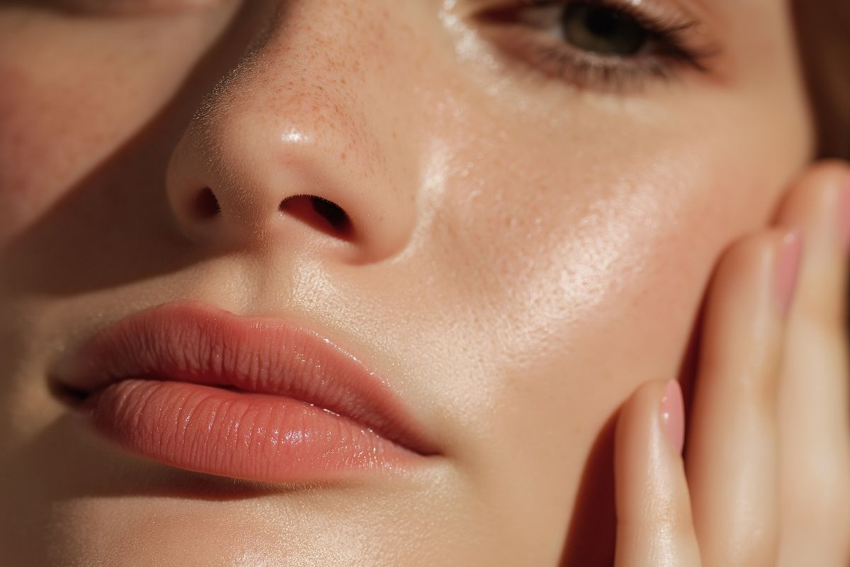 closeup of woman with dewy complexion and freckles on nose