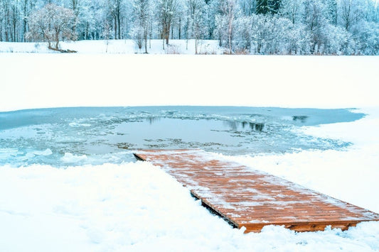 Icy lake with dock and snowy background
