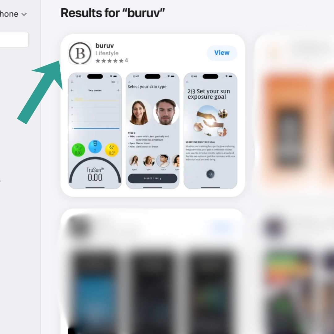 A screenshot-style image showing the BURŪV mobile app with three phone interface mockups and a teal arrow pointing to the app card.
