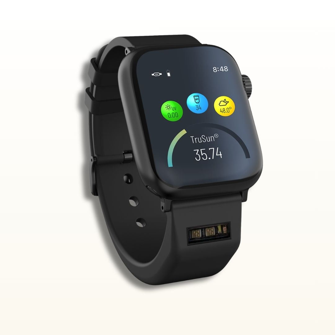 The Black BURŪV smart band with Apple Watch® displaying TruSun® settings on a clean off-white background.