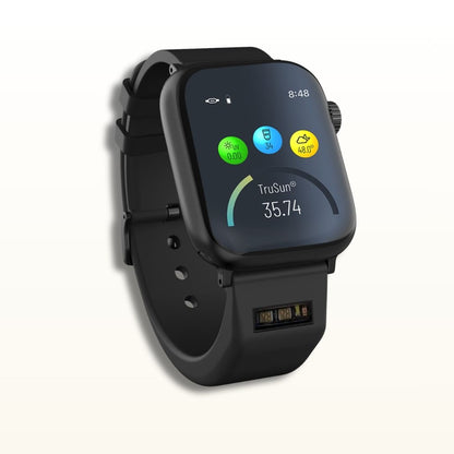 The Black BURŪV smart band with Apple Watch® displaying TruSun® settings on a clean off-white background.