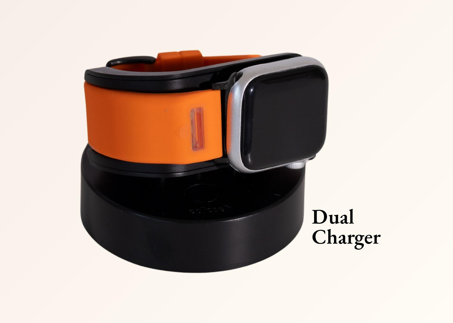 orange BURŪV band and Apple Watch on dual-charger