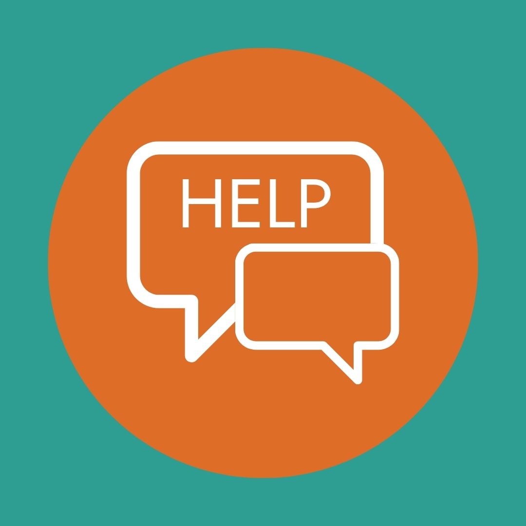 A teal square background with a large orange circle in the center containing two white speech bubbles, one outlined with the word 'HELP' in white text.