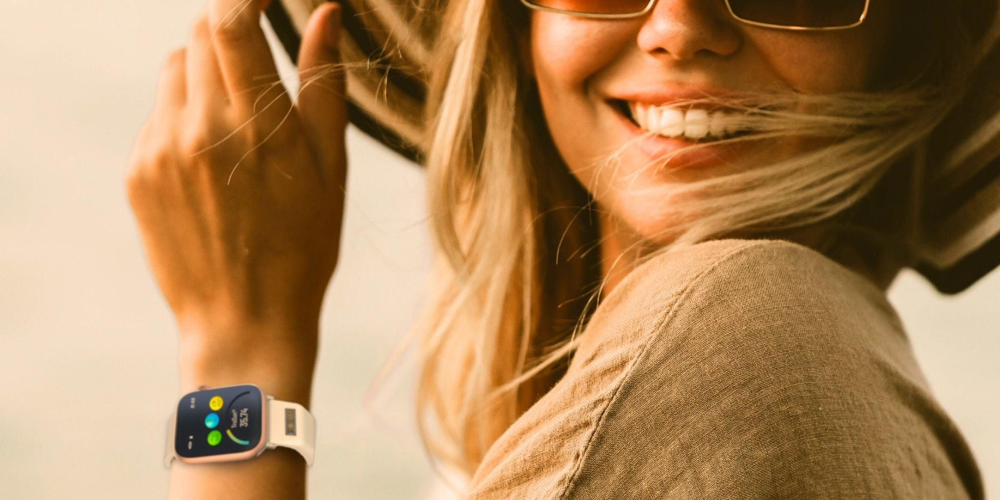 Woman wearing a smartwatch with a blurred background