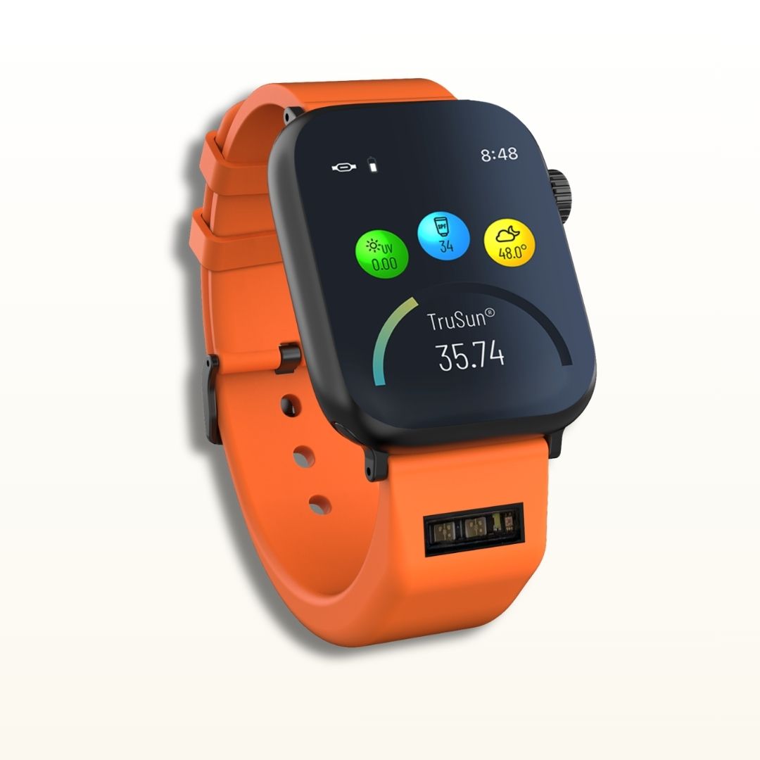 The Orange BURŪV smart band with Apple Watch® displaying TruSun® settings on a clean off-white background.