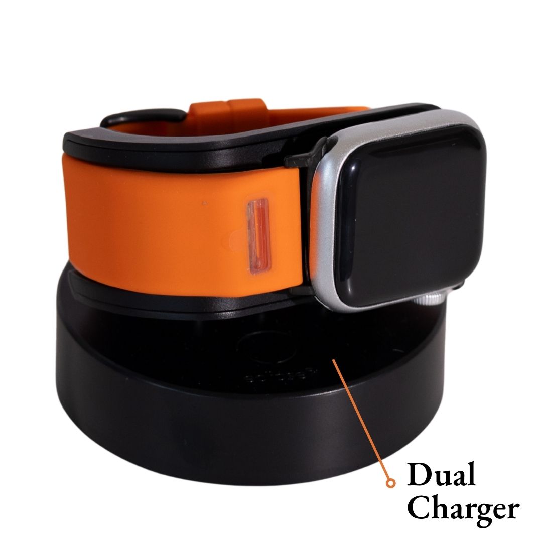 BURŪV® dual charger for smart band and Apple Watch® on white background