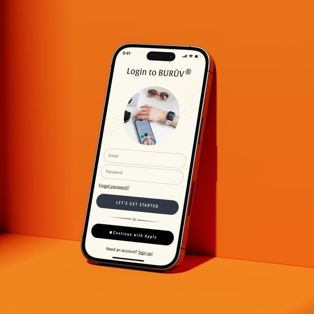 login screen for BURŪV app on iphone against an orange background