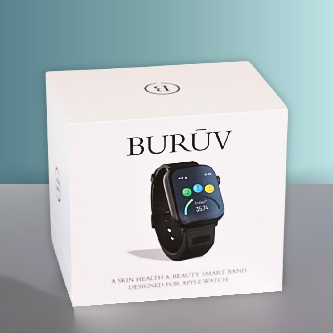 A square, white product box for a BURŪV smart band, featuring a black smartwatch with TruSun® settings against a light blue and gray background.