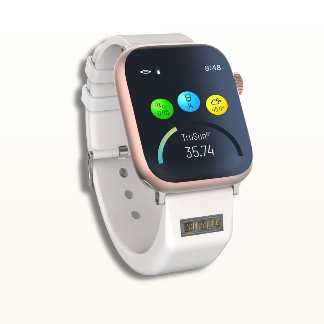 The White BURŪV smart band with Apple Watch® displaying TruSun® settings on a clean off-white background.