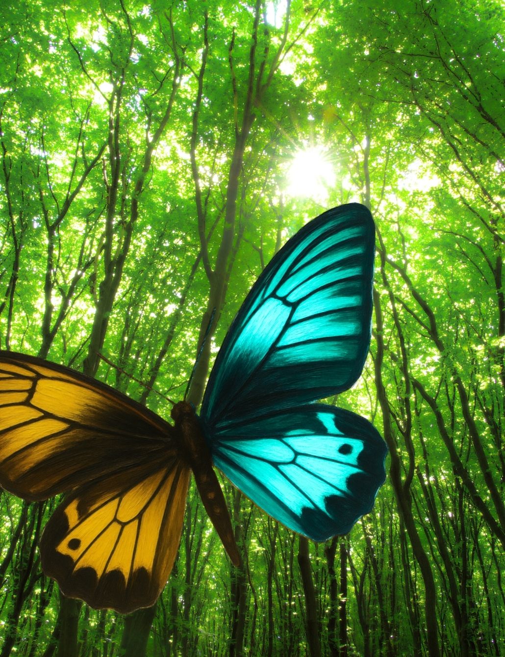 Butterfly with blue and yellow wings in a forest setting